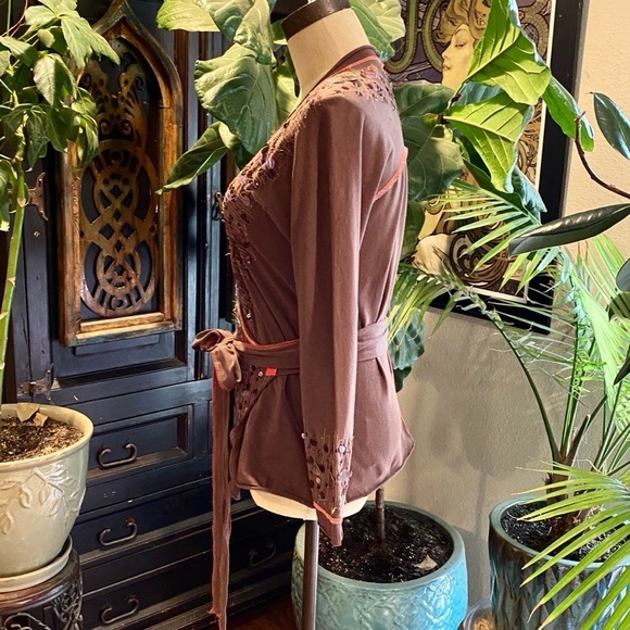 Anthropologie chocolate embellished wrap top - Picture 7 of 14